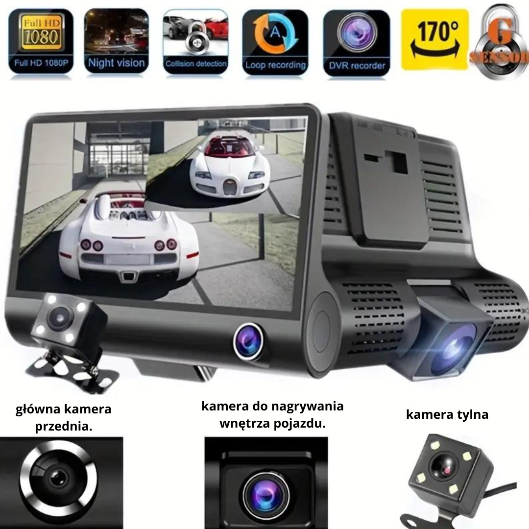 REJESTRATOR JAZDY 3 KAMERY FullHD kamera cofania SKU: 390