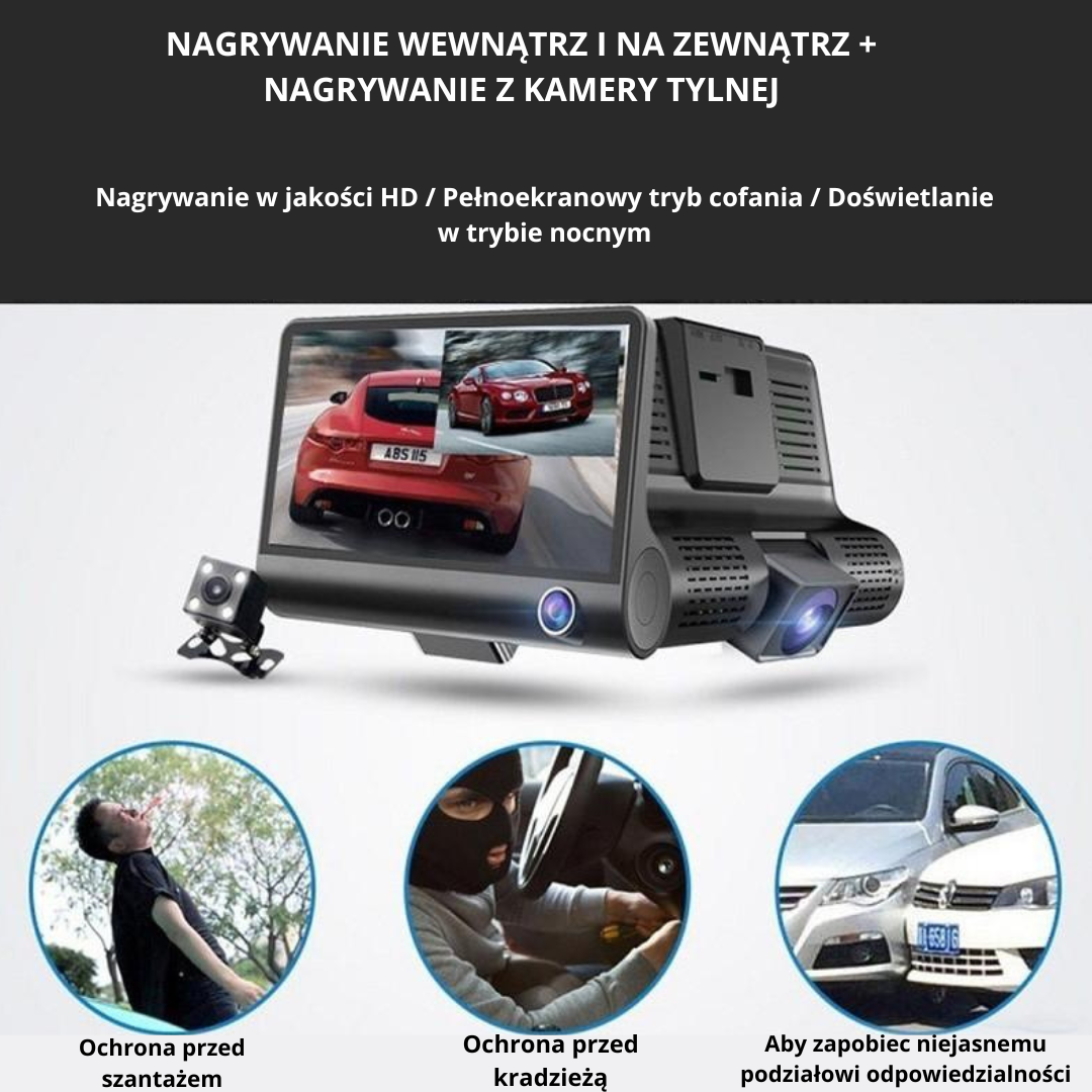REJESTRATOR JAZDY 3 KAMERY FullHD kamera cofania SKU: 390