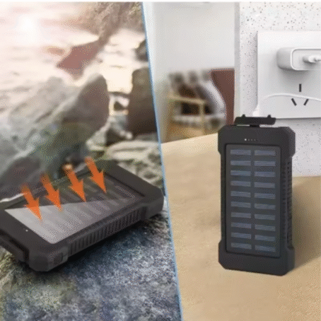 Powerbank z panelem solarnym ładowany na zewnątrz energią słoneczną oraz ładowany tradycyjnie w domu przez gniazdko elektryczne.
