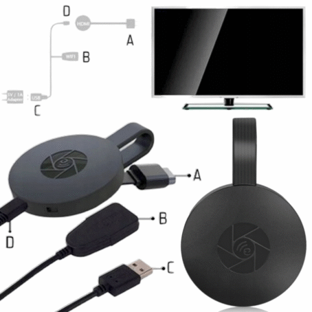 Ilustracja przedstawiająca bezprzewodowy adapter HDMI WiFi wraz z przewodami. Widoczne są oznaczone elementy: wtyczka HDMI (A) do podłączenia do telewizora, moduł WiFi (B), przewód USB z końcówką do zasilania (C) oraz port zasilania w adapterze (D). Na rysunku pokazano także telewizor i schemat podłączenia całego zestawu.