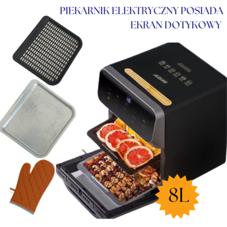 piekarnik elektryczny o pojemności 8l z elegancką czarną obudową, wyposażony w intuicyjny panel dotykowy umieszczony w górnej części frontu. urządzenie jest otwarte, ukazując dwie tacki – jedna zawiera plasterki grejpfruta, a druga mieszankę pieczonych warzyw i orzechów. wokół piekarnika znajdują się akcesoria: płaska metalowa blacha do pieczenia, perforowana tacka do smażenia na gorącym powietrzu oraz pomarańczowa pikowana rękawica kuchenna. idealny do pieczenia, grillowania, opiekania i suszenia.