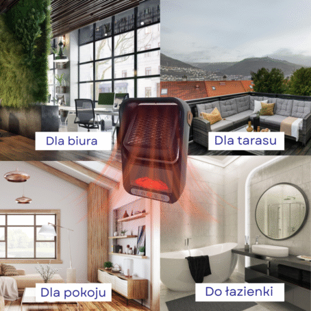 Przenośny grzejnik elektryczny z efektem płomienia, przedstawiony w różnych pomieszczeniach: biurze, tarasie, pokoju i łazience, z podpisami wskazującymi zastosowanie w każdym miejscu.