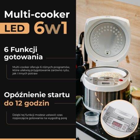 Multicooker ADLER 6w1 z wyświetlaczem LED, otwartą pokrywą oraz naczyniem z ryżem; infografika przedstawiająca główne funkcje urządzenia i opóźnienie startu do 12 godzin