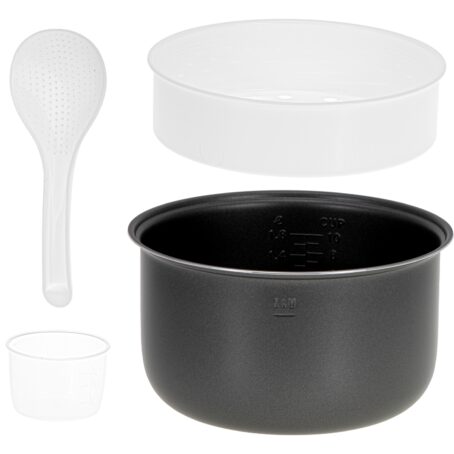 Komplet akcesoriów do multicookera: misa do gotowania, plastikowa łyżka, miarka i biała tacka do gotowania na parze