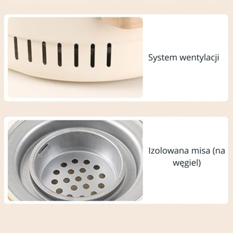 Zbliżenia na dwa elementy przenośnego grilla: system wentylacji umieszczony w dolnej części obudowy oraz izolowaną misę na węgiel z otworami na dnie.