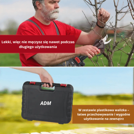 Mężczyzna przycina gałęzie drzew elektrycznym sekatorem ADM, który jest lekki i nie powoduje zmęczenia nawet przy długim użytkowaniu. W zestawie plastikowa walizka do łatwego przechowywania i transportu.
