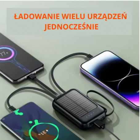 Powerbank solarny ładuje jednocześnie trzy smartfony, podłączone kablami USB. Na górze znajduje się napis „Ładowanie wielu urządzeń jednocześnie” w pomarańczowym kolorze. Urządzenia pokazują postęp ładowania na swoich ekranach.