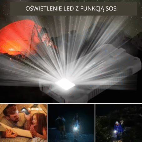 Powerbank solarny z jasnym oświetleniem LED oraz funkcją sygnału SOS. W tle widoczny namiot oraz osoby używające latarki podczas biwaku i nocnych wędrówek.