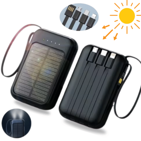 Nowoczesny powerbank solarny z panelem do ładowania energią słoneczną, trzema wbudowanymi kablami do różnych typów urządzeń oraz funkcją latarki LED.