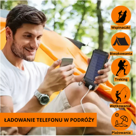 Uśmiechnięty mężczyzna siedzi przed namiotem podczas biwaku, trzymając w ręku telefon komórkowy oraz powerbank solarny, do którego podłączony jest kabel do ładowania telefonu. Po prawej stronie widoczne są ikony przedstawiające różne aktywności outdoorowe: wspinaczkę, camping, wędrówki, wędkowanie i plażowanie. Na dole znajduje się napis „Charge Your Phone ON Go – Designed for outdoor enthusiasts”.