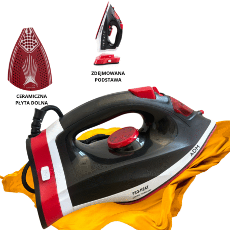 Żelazko parowe ADM Pro-Heat z ceramiczną stopą i zdejmowaną bazą, czarno-czerwony design, prasujące żółty materiał