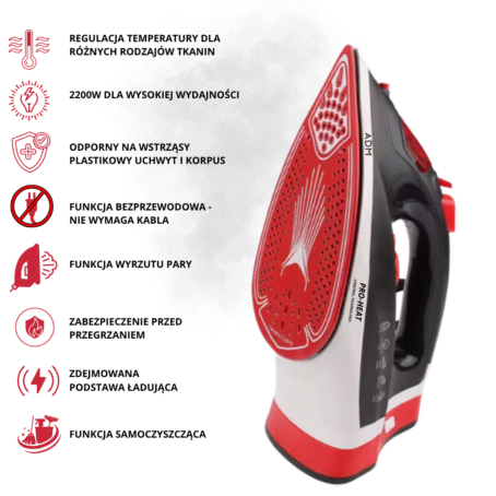 Żelazko parowe ADM Pro-Heat o mocy 2200W z czerwoną ceramiczną stopą, regulacją temperatury, długim przewodem, funkcją pary i zabezpieczeniem przed przegrzaniem