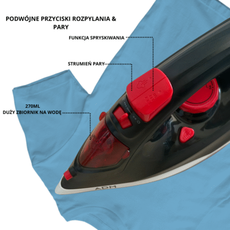 Mężczyzna prasuje żelazkiem parowym ADM Pro-Heat z odpinaną bazą, funkcją oszczędzania miejsca
