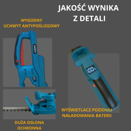 Niebieskie akumulatorowe nożyce do żywopłotu ADM z wygodnym antypoślizgowym uchwytem, dużą osłoną ochronną i wyświetlaczem poziomu baterii
