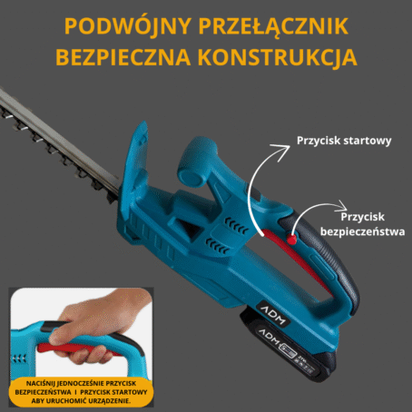 Niebieskie akumulatorowe nożyce do żywopłotu ADM z podwójnym systemem włączników, prezentujące przycisk startu i przycisk bezpieczeństwa
