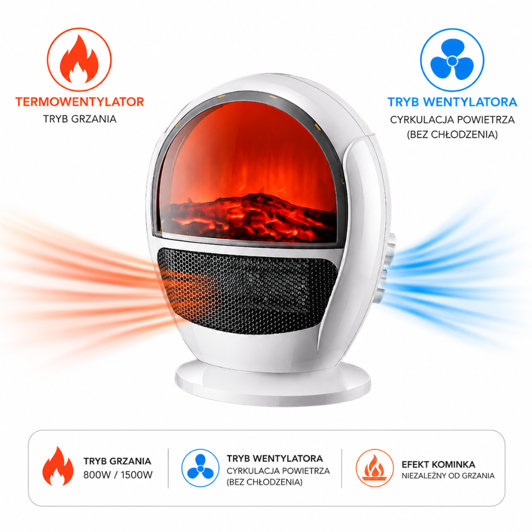 Termowentylator Ceramiczny 2w1 z Efektem Kominka i Trybem Wentylatora, SKU: 6074 - obrazek 8