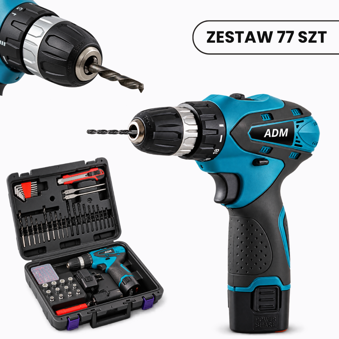 WKRĘTARKA AKUMULATOROWA ADM+DWA AKUMULATORY  12V, ZESTAW 77 szt, SKU: 395
